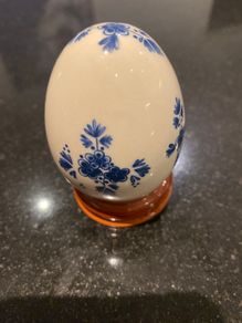 French themed Elesva hand painted porcelain egg on stand