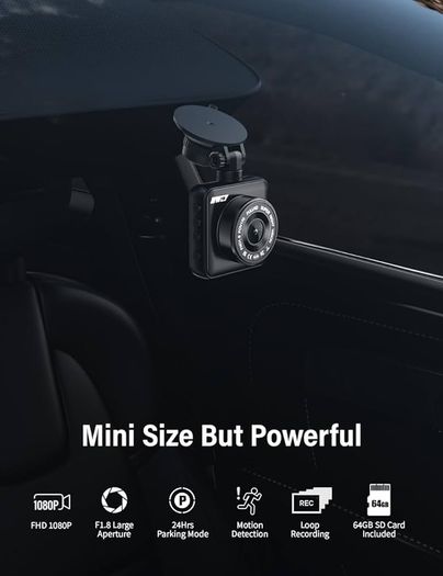 FREE EXPRESS SHIPPING Dash Cam Front 1080P Mini Size with 64GB SD Card, 2 Inch LCD Screen Small Car Dash Camera WDR Night Vision, 170 Degree Wide Angle, G-sensor, Motion Detection, Parking Monitor