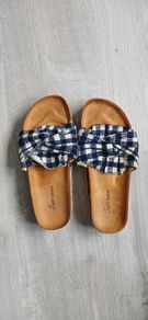 Brown leather look sandals with checkered top