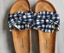 Brown leather look sandals with checkered top