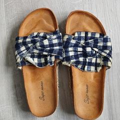 Brown leather look sandals with checkered top