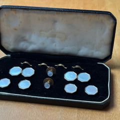Art Deco 1930s Mother of Pearl 4 Tuxedo Shirt Studs 2 Vest Studs with Matching Double-Sided Cufflinks in Original Box
