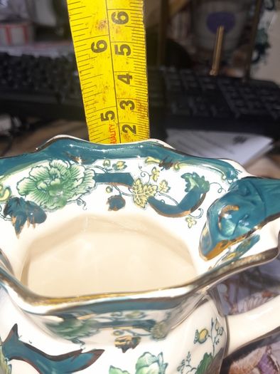 Beautiful Old Mason Jug, England, Chartreuse pattern, teal, green and gilt floral chinoiserie decoration shaped rim and scroll handle mid 20th century