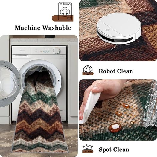Runner Rugs for Hallway Non Slip 60x300cm, Geometric Washable Kitchen Carpet Runner, Bohemian Long Hall Rug for Entryway Bedroom Laundry Living Room, Low Pile Non Shedding, Brown Green