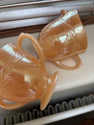 A bundle of vintage - retro pieces, Carnival Glass , Anchor Hocking Fire King, Large Ribbed Glass Butter Dish, Citrus Juicer, Three Footed Glass Sugar Bowl and Jug
