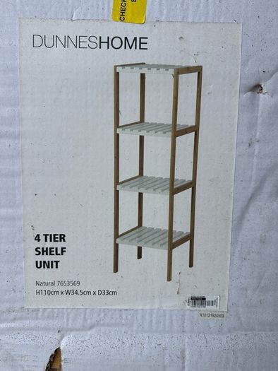 shelf unit. This is a neat open shelf unit suitable for a bathroom or kitchen. It is brand new. I haven't even opened the box.