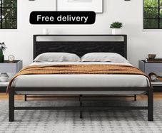 5ft King Metal Platform Bed Frame with Wooden Storage Shelf Headboard