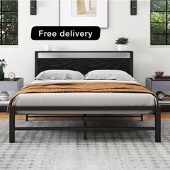 5ft King Metal Platform Bed Frame with Wooden Storage Shelf Headboard