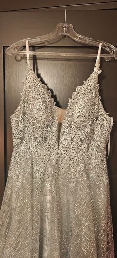 Stunning silver low back formal dress with lace & glitter detail