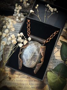 Antique Patinated Copper Wrapped Purple Labradorite Crystal on a Chunky Copper Chain Necklace