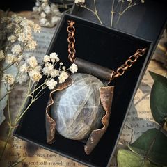 Antique Patinated Copper Wrapped Purple Labradorite Crystal on a Chunky Copper Chain Necklace