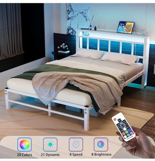 Double Bed Frame with Storage Headboard,4ft6 Bed Frame Double Bed Base with Charging Station and LED Lights,Metal Platform Double Bed 135x190,Mattress Base No Box Spring Needed,No Noise,White