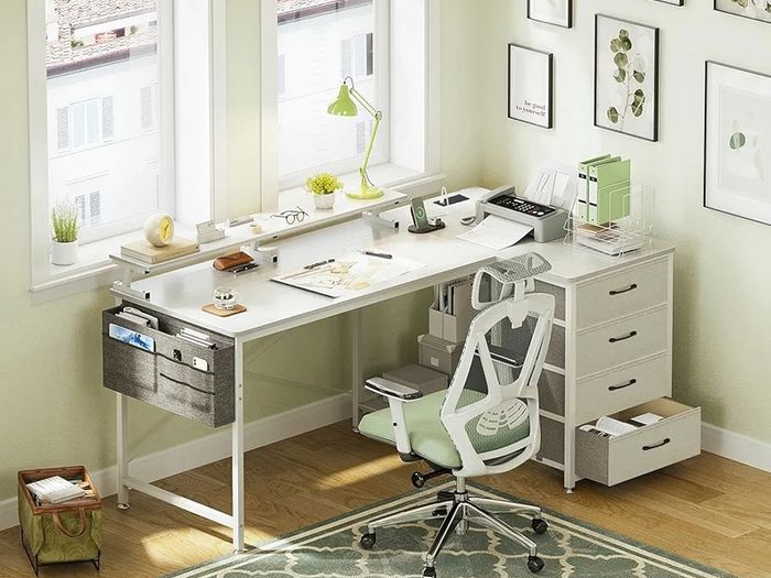 Corner Desk with Drawers, L Shaped Computer Desk 140x80cm with USB Charging Port & Power Outlet, Home Office Desk with Monitor Stand and PC Stand, Gaming Desks Workstations, White