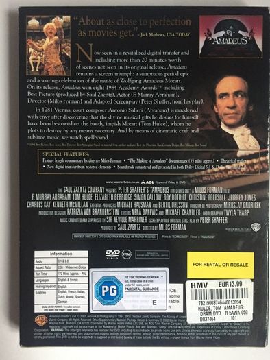 Amadeus (Milos Forman) [1984] Tom Hulce & F. Murray Abraham [Movie 2xDVD Digipack] Academy Award Winner