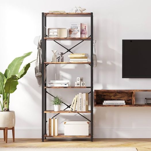NEW SALE | 6 Tier Bookshelf, Standing Bookcase with 2 X-shape Strips,Metal Mesh Side Panels, 8 S-shaped Hooks, Industrial Storage Rack for Office, Living Room