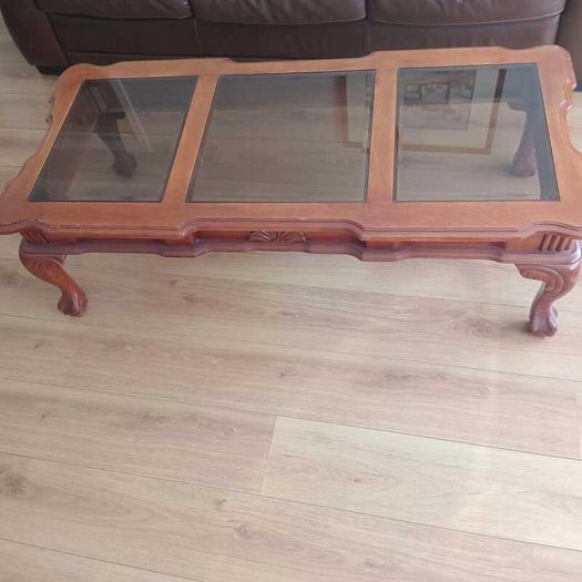 Large Traditional Solid Wood & Smoked Glass Coffee Table