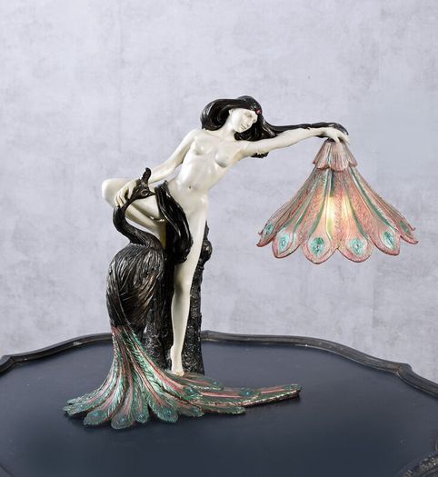 Art Nouveau Pure Extravagant Table Lamp  Lady with Peacock