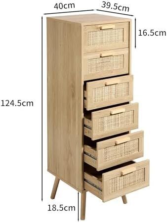 Rattan Chest of Drawers Bedroom, Tall Chester of Drawers with 6 Hand Made Rattan Decorated Drawers for Bedroom, Small Bedside Cabinet with Wood Legs, Natural