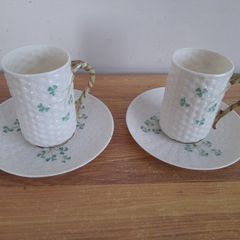 Pair of Vintage Belleek Cups and Saucers 6th Mark Shamrock