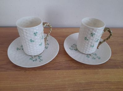 Pair of Vintage Belleek Cups and Saucers 6th Mark Shamrock