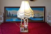 Capodimonte Italian Figurine Signed Large Table Lamp With Silky White Shade 27 Inches Tall
