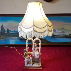 Capodimonte Italian Figurine Signed Large Table Lamp With Silky White Shade 27 Inches Tall