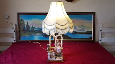 Capodimonte Italian Figurine Signed Large Table Lamp With Silky White Shade 27 Inches Tall