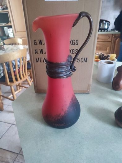 Vintage from the 1990s  Vintage tall heavy Franz Caffrey Aqua Single Handle vessel with copper relief vase/red flower vase/irish artist/irish sculpture