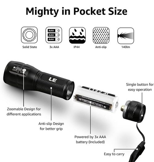 LED Torch, LE1000 Powerful Handheld Flashlight, Super Bright, Pocket Size, Lightweight, Suit for Camping, Cycling, Running, Dog Walking and More Outdoor Use, 6 AAA Batteries Included, Pack of 2