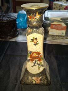 Old Japanese Satsuma Hand Painted Porcelain Candlestick with a Floral Design
