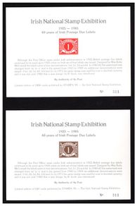 1985 Ireland Stampa Members (Brown) & Door  (red) souvenir Postage Due Card matching numbers 311