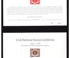 1985 Ireland Stampa Members (Brown) & Door  (red) souvenir Postage Due Card matching numbers 311
