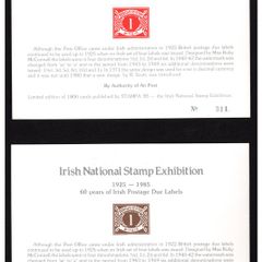 1985 Ireland Stampa Members (Brown) & Door  (red) souvenir Postage Due Card matching numbers 311