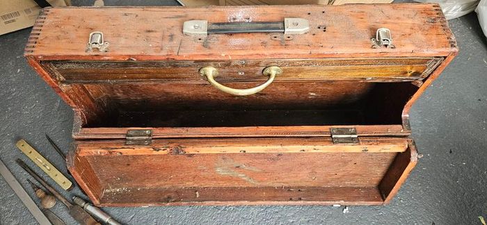 Wooden tool case with tools