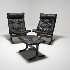 Pair of Black Leather Lounge Chairs, Siesta, by Ingmar Relling for Westnofa, Norway, 1960s.