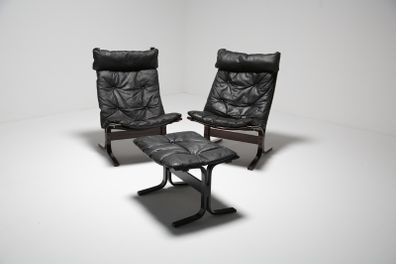 Pair of Black Leather Lounge Chairs, Siesta, by Ingmar Relling for Westnofa, Norway, 1960s.