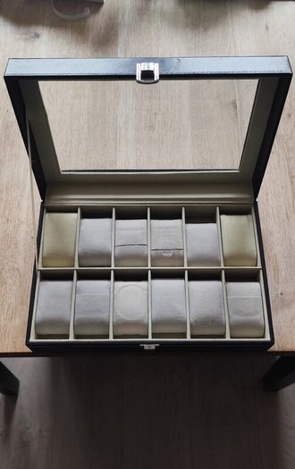 12-Slot Leather Watch Box Organizer with Glass Lid