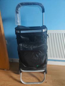 Folding Shopping Trolley on 6 Wheels, Aluminium Lightweight Shopping Cart with Insulated Cooling Bag, 2 Hooks, 2 Side Pockets, Stair Climbing Grocery Trolley, 60L Black