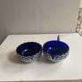 Vintage sugar dish and creamer pierced chrome with blue glass insets Image 4