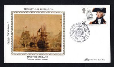 1982 Great Britain Benham Silke Cover showing The Battle of the Nile 1798 tying 24p Lord Nelson and H.M.S. Victory commemorative stamp