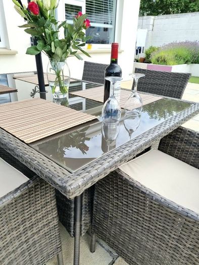 Rattan Fuji table, 8 chairs & coffee table
