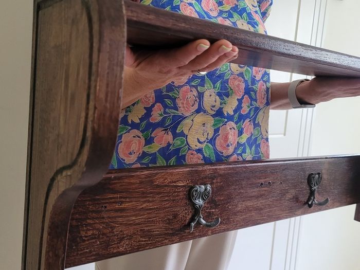 Antique Oak Wall Shelf with Brass Hooks Irish Made