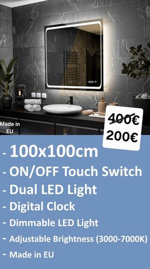 LED Bathroom Mirror 100x100cm Dual LED Digital Clock