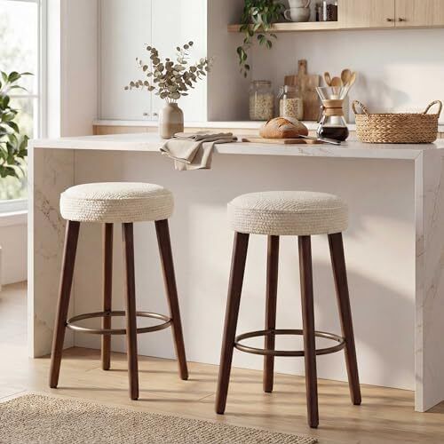 Set of 2 Chenille Bar Stools, 68cm Counter Height Upholstered Kitchen Bar Chairs with Solid Wood Legs