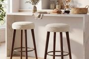 Set of 2 Chenille Bar Stools, 68cm Counter Height Upholstered Kitchen Bar Chairs with Solid Wood Legs