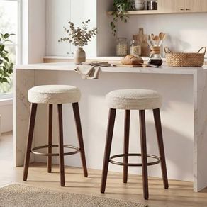 Set of 2 Chenille Bar Stools, 68cm Counter Height Upholstered Kitchen Bar Chairs with Solid Wood Legs