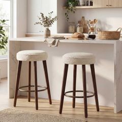 Set of 2 Chenille Bar Stools, 68cm Counter Height Upholstered Kitchen Bar Chairs with Solid Wood Legs, Modern Kitchen Island Stools for Breakfast Counter, Dining Room, Home Bar, Beige
