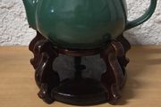 Green ceramic teapot with wooden stand / tea warmer (bundle)
