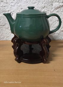 Green ceramic teapot with wooden stand / tea warmer (bundle)