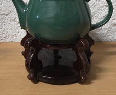 Green ceramic teapot with wooden stand / tea warmer (bundle)